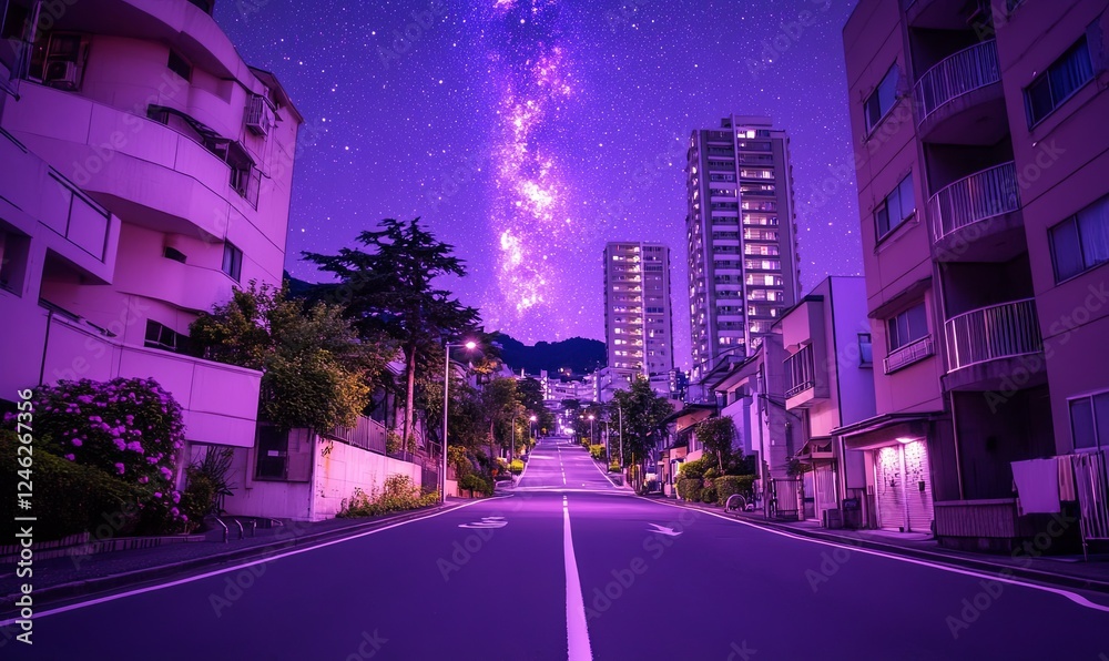 Fototapeta premium Empty urban street at night with starry sky and milky way