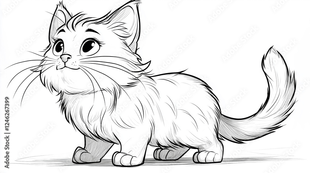 Obraz premium Black and white fluffy kitten with detailed fur for kids coloring