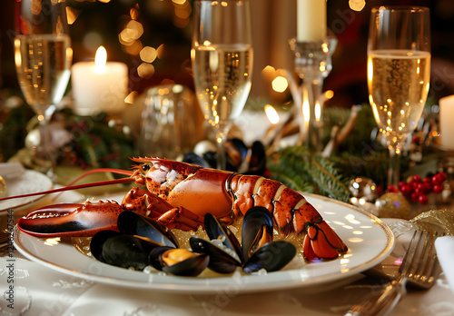 Lobster and mussels on a table with champagne glasses