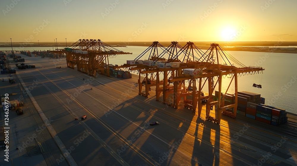 Dramatic golden sunset casts a warm glow over a busy freight terminal with towering cranes and stacks of shadowy cargo containers creating a dynamic industrial landscape