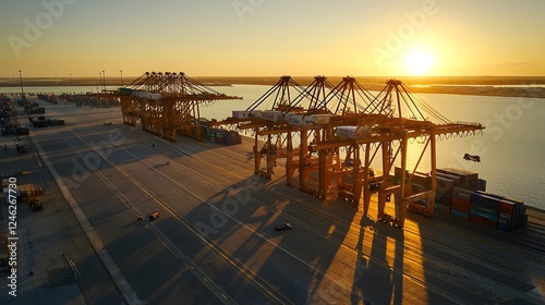 Wallpaper Mural Dramatic golden sunset casts a warm glow over a busy freight terminal with towering cranes and stacks of shadowy cargo containers creating a dynamic industrial landscape Torontodigital.ca