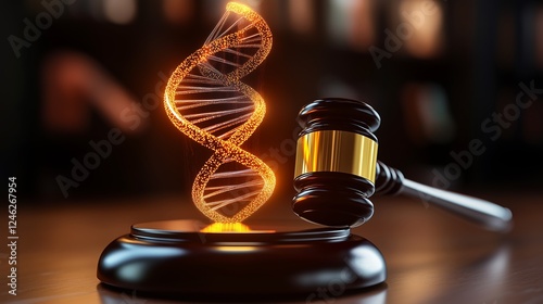 A glowing DNA helix beside a judge's gavel symbolizes the intersection of law and genetics.