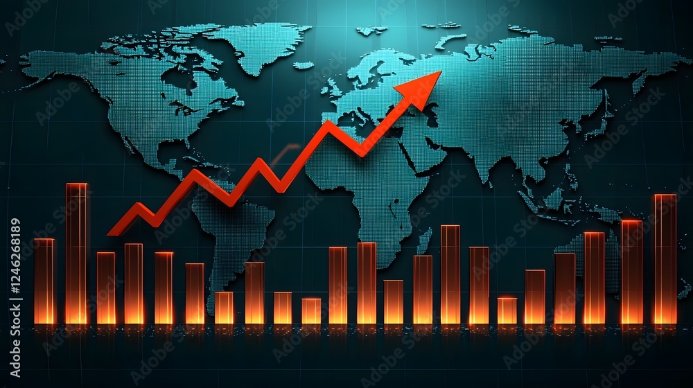 Dynamic red upward pointing graph superimposed over a digital cyan world map with glowing warm toned bar charts and data visualizations representing global finance economic trends