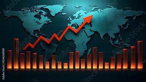 Obraz na płótnie Dynamic red upward pointing graph superimposed over a digital cyan world map with glowing warm toned bar charts and data visualizations representing global finance economic trends w salonie