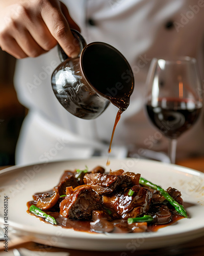 A chef is pouring a rich sauce over the braised beef