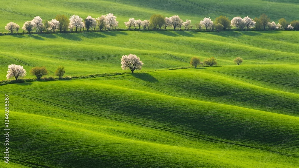 Fototapeta premium Gentle green hills adorned with blooming trees create a serene landscape under soft sunlight, casting delicate shadows.