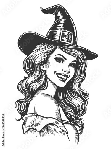 charming witch with long wavy hair, wearing a traditional pointed hat and smiling confidently sketch engraving generative ai vector illustration. Scratch board imitation. Black and white image.