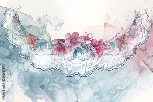 Floral ascot with lace edges, on a watercolor backdrop.