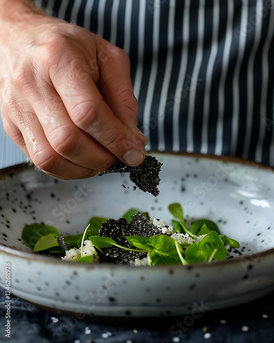 A chef's hand carefully dropping black truffle shavings into the bowl of salad