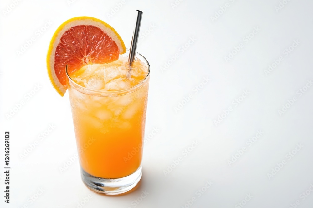 Refreshing grapefruit juice served in a tall glass garnished with a slice of citrus fruit on a clean white background Refreshing grapefruit juice served in a tall glass garnished with a slice of citrus fruit on a clean white background