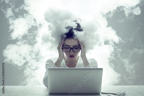 Young woman struggles with brain fog while trying to work at her laptop in a modern workspace