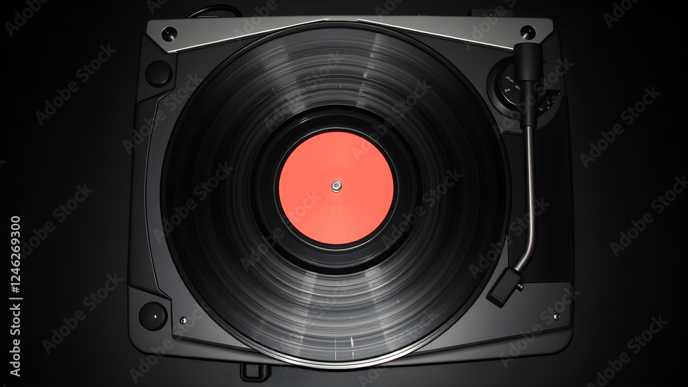 Fototapeta premium Modern vinyl record player with disc on black background, top view. Space for text. Generative AI