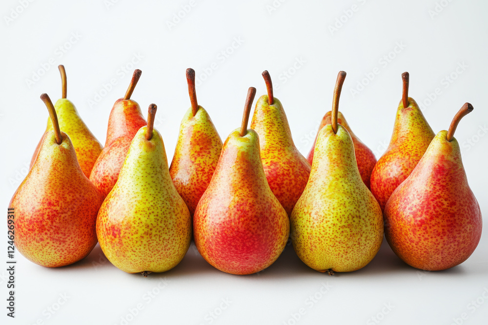 Cluster of ripe pears with natural blemishes arranged against a white background highlighting their textures and colors Cluster of ripe pears with natural blemishes arranged against a white background highlighting their textures and colors