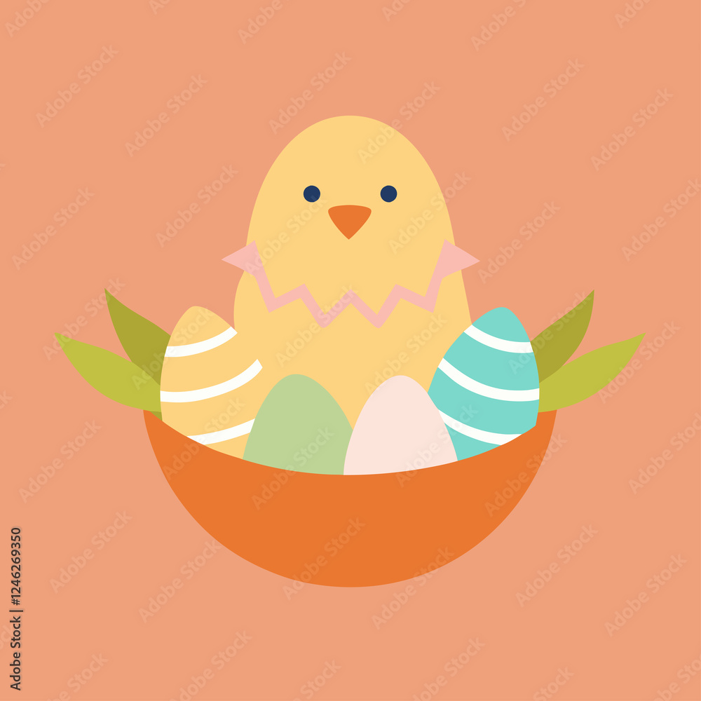 Fototapeta premium Adorable Easter Chick in Nest with Colorful Eggs cute card happy bunny spring 