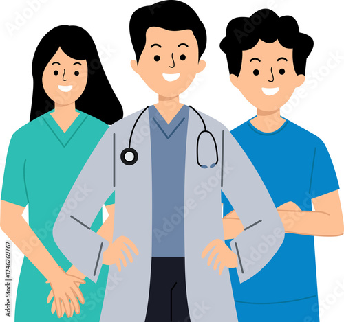 Cartoon style doctors and nurses. Doctors and nurses illustration. Cartoon healthcare professionals. Flat cartoon doctors and surgeon