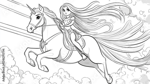 Black and white girl riding a unicorn line art for kids coloring