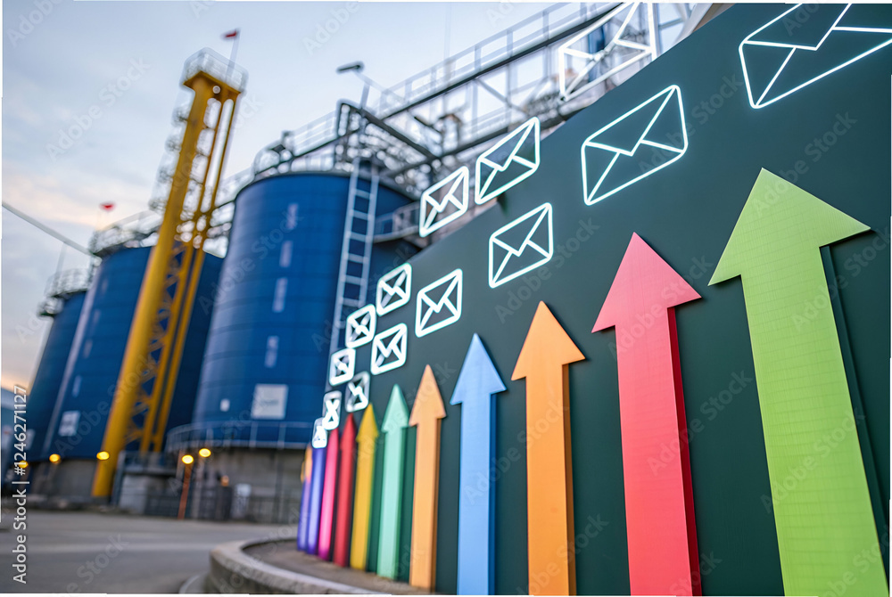A colorful graph of arrows points upward in front of industrial tanks, symbolizing growth and communication, with email icons suggesting digital connectivity.