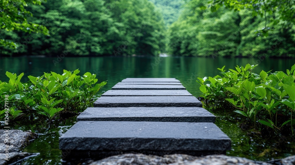 Serene lake path, lush forest backdrop, calm waters Serene lake path, lush forest backdrop, calm waters