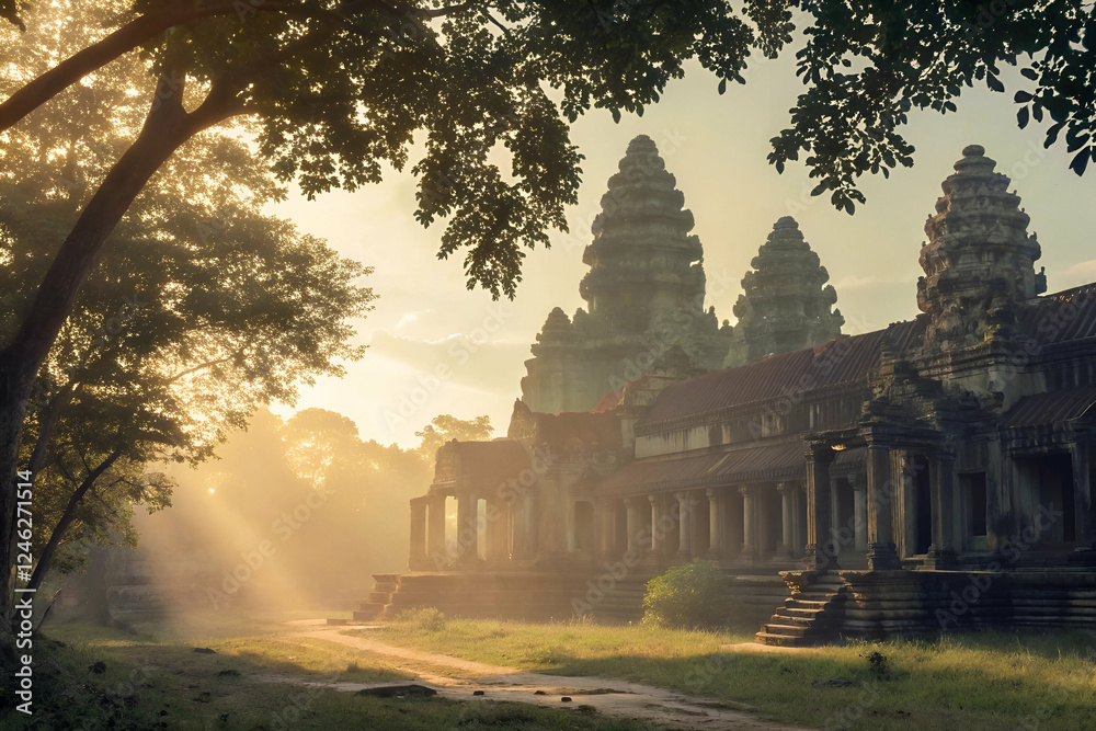 Obraz premium A serene view of ancient temples at sunrise, surrounded by lush greenery, with soft light filtering through the trees.