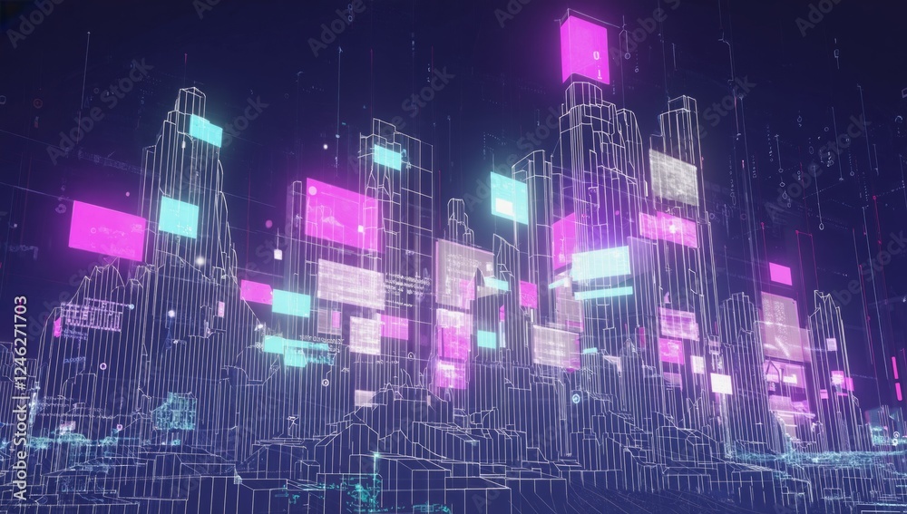 Obraz premium Futuristic city skyline, data streams, digital landscape, technology, background