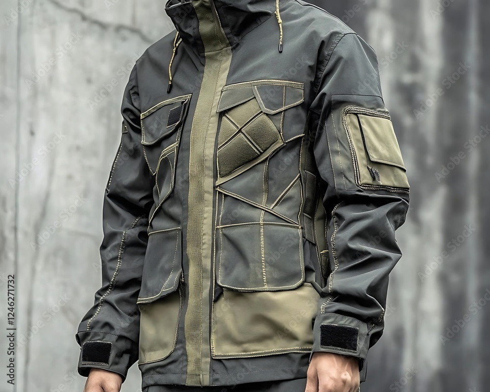 Urban utility jacket with asymmetrical pockets and reinforced stitching Urban utility jacket with asymmetrical pockets and reinforced stitching