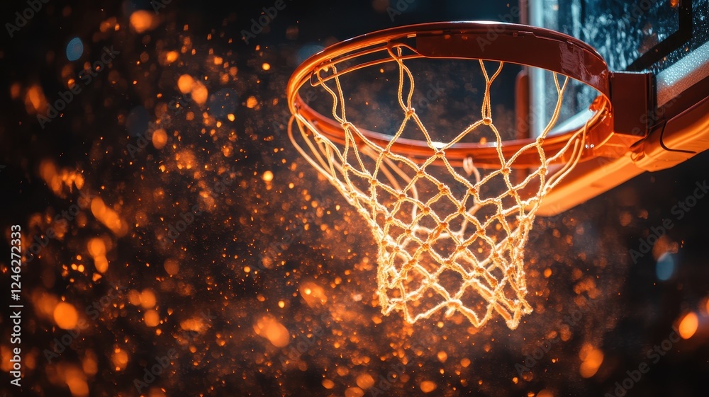 Dynamic basketball action in urban court modern hoop design nighttime environment creative viewpoint Dynamic basketball action in urban court modern hoop design nighttime environment creative viewpoint