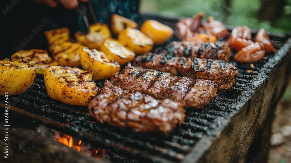 Grilled steaks and potatoes on a barbecue. Grilled steaks and potatoes on a barbecue.