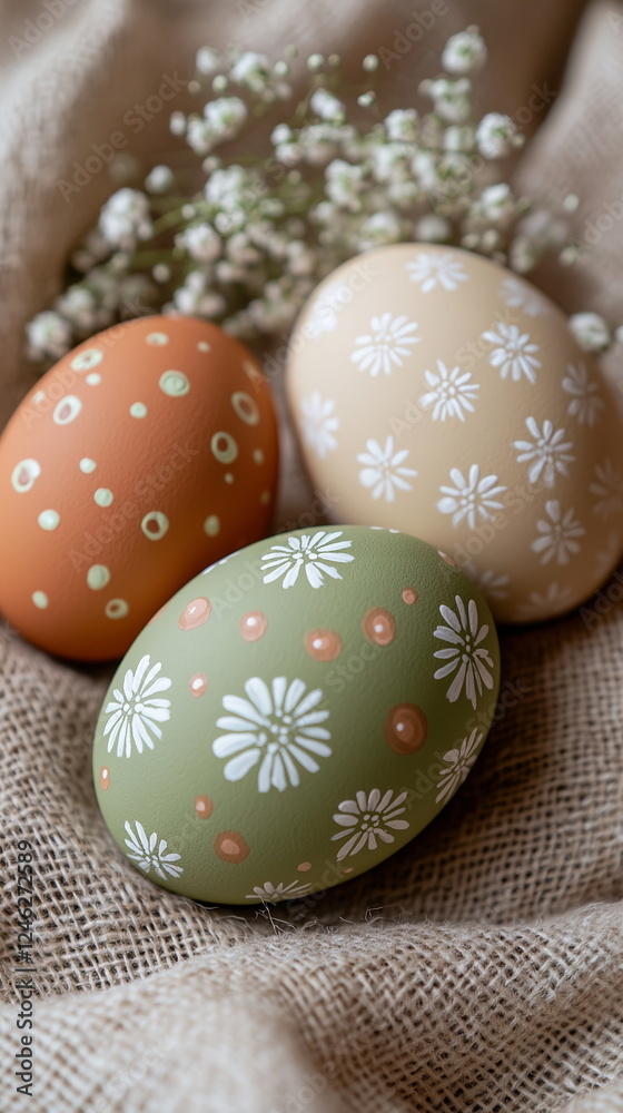 close-up of matte egg in coffee tone with white hand-drawn daisies. egg is surrounded by scattered petals on linen backdrop. Easter concept. Vertical photo footage for social media close-up of matte egg in coffee tone with white hand-drawn daisies. egg is surrounded by scattered petals on linen backdrop. Easter concept. Vertical photo footage for social media