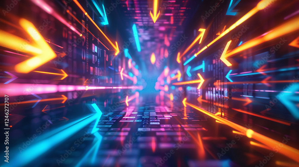 Fototapeta premium Bright arrows in virtual space represent rapid digital traffic and information flow, creating abstract concept of directional data movement