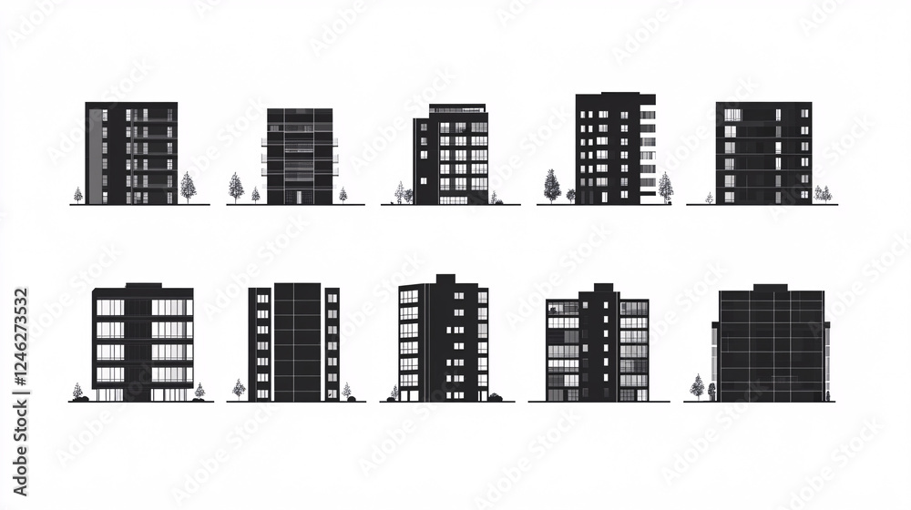 A collection of black and white apartment building silhouettes in a minimalist style showcasing different architectural designs on a white background
A collection of black and white apartment building silhouettes in a minimalist style showcasing different architectural designs on a white background