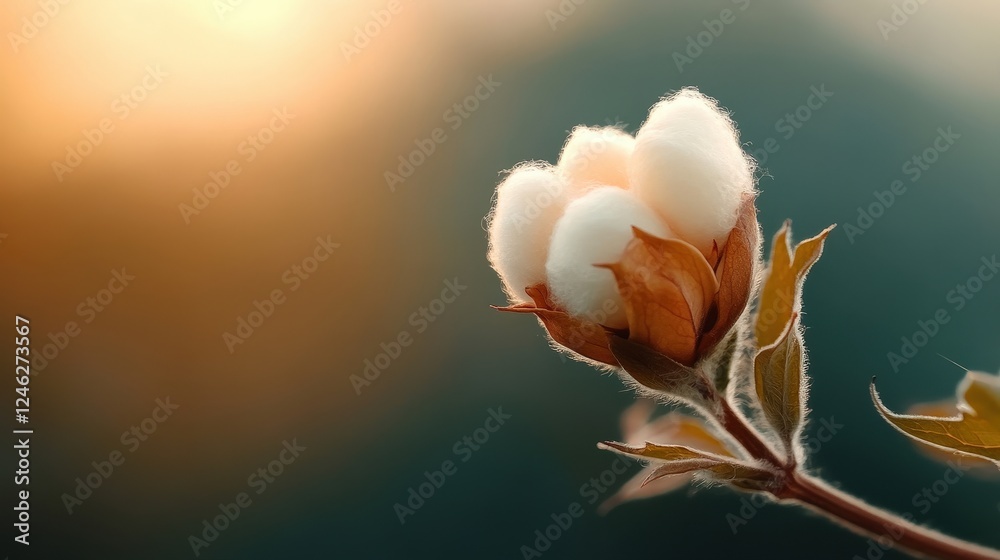 Fototapeta premium This captivating close-up image of cotton blossoms showcases their soft texture illuminated by warm sunset lighting, presenting a harmonious blend of nature and artistry that inspires calmness.