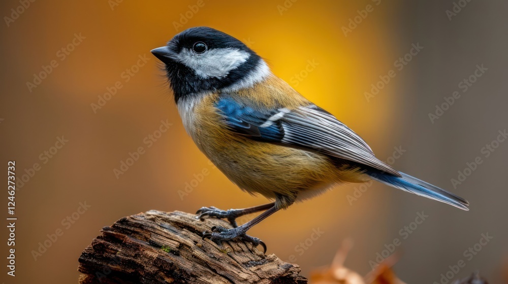 Obraz premium Small colorful bird perched on a log with a blurred warm background showcasing nature's beauty