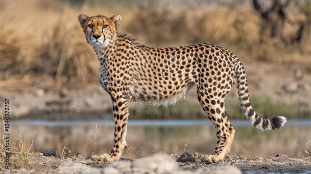A majestic cheetah stands by a riverbank in a vibrant savannah, showcasing its agility and grace A majestic cheetah stands by a riverbank in a vibrant savannah, showcasing its agility and grace