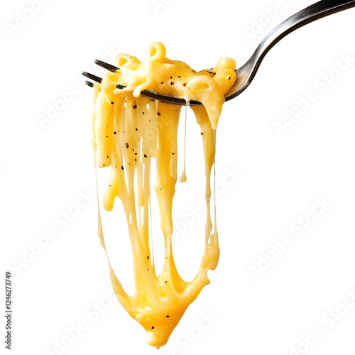 A fork lifting a bite of mac and cheese, cheese stretching
