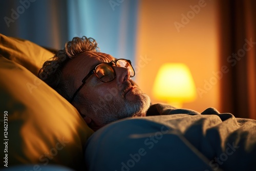 Middle aged man wakes up gasping for air in dim bedroom suffering from sleep apnea