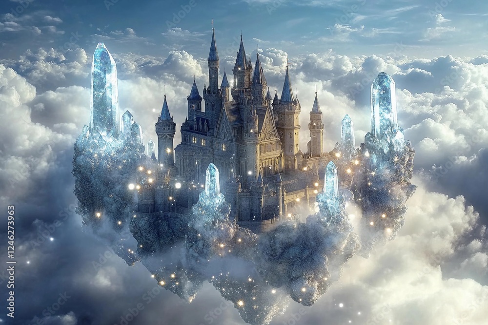 Naklejka premium Majestic floating crystal castle surrounded by clouds and stars in a magical landscape