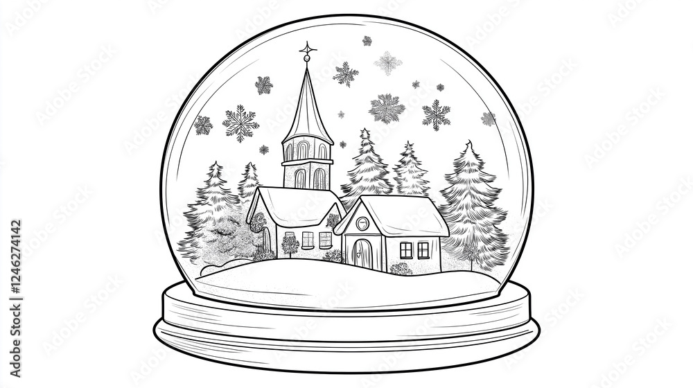 Naklejka premium Black and white Christmas scene in a snow globe line art for kids coloring