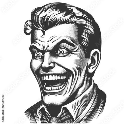 Maniac sinister-looking man with a wide, unsettling grin and intense eyes, madness, horror sketch engraving generative ai fictional character vector illustration. Scratch board. Black and white image.