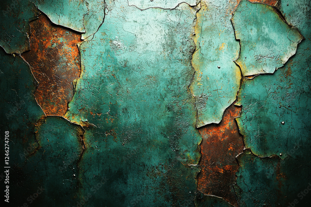 Obraz premium Grungy metal texture with rich teal and rust tones showcasing deep scratches and oxidation patterns for artistic background use