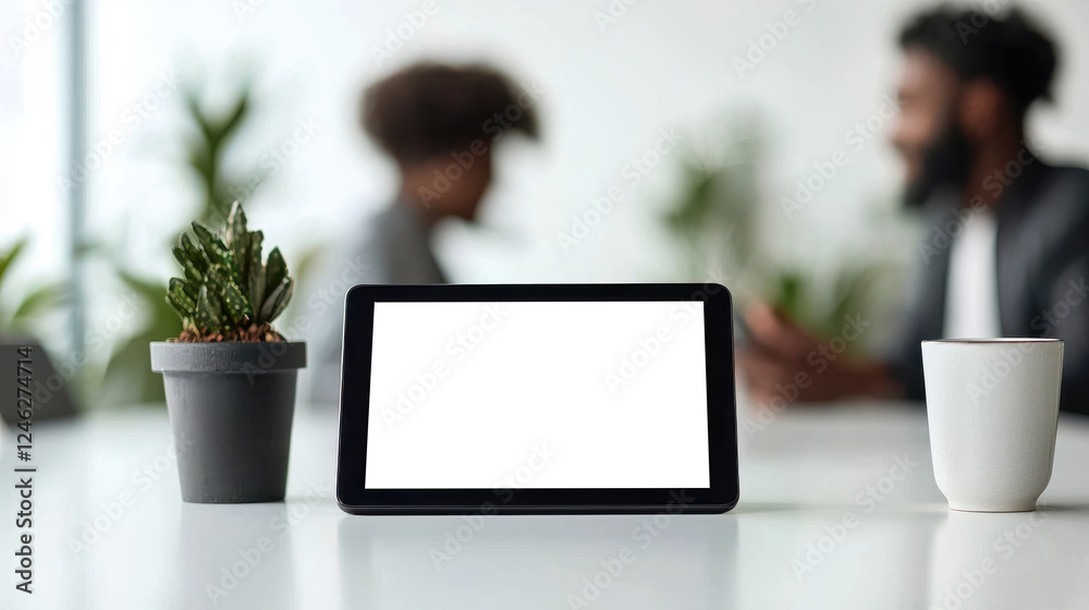 Elegant workspace scene featuring a digital tablet, a coffee cup, and a potted plant, emphasizing productivity and modern design in an office environment. Elegant workspace scene featuring a digital tablet, a coffee cup, and a potted plant, emphasizing productivity and modern design in an office environment.