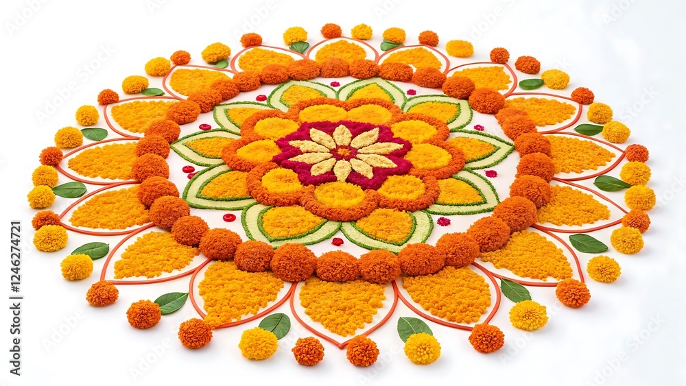 Fototapeta premium Marigold Flower rangoli Design for Diwali Festival , Indian Festival flower decoration