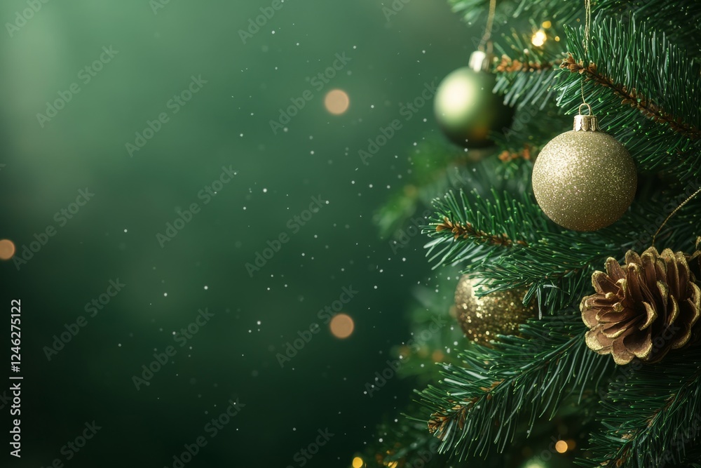 Festive Green Christmas Tree Ornaments, Bokeh Background, Holiday Card Festive Green Christmas Tree Ornaments, Bokeh Background, Holiday Card