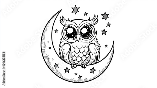 Black and white owl sitting on the moon ready for kids to color