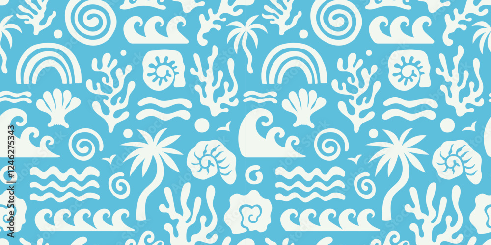Vector seamless pattern in simple floral wavy and groovy naive style, ocean and vacation theme,  flowers and plants, floral botanic hand drawn design templates, modern art prints, surface design