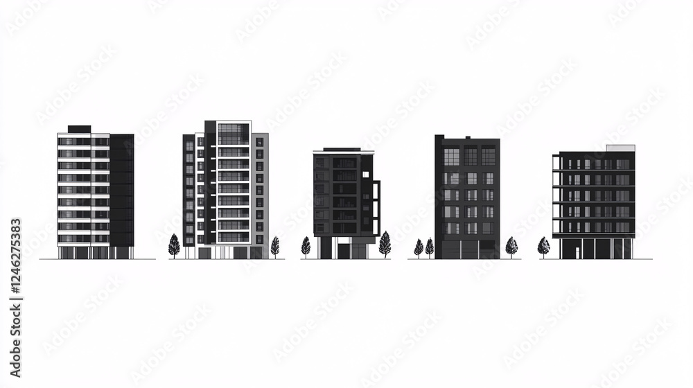 A collection of five modern urban buildings illustrated in a sleek black and white silhouette style featuring architectural details and tree elements
A collection of five modern urban buildings illustrated in a sleek black and white silhouette style featuring architectural details and tree elements