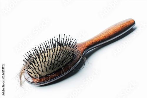 Hairbrush with loose strands isolated on a white background showcasing realism and detail photo