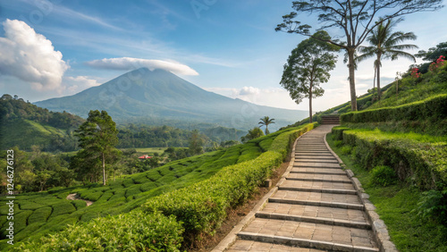 A picturesque tea plantation with a volcanic backdrop