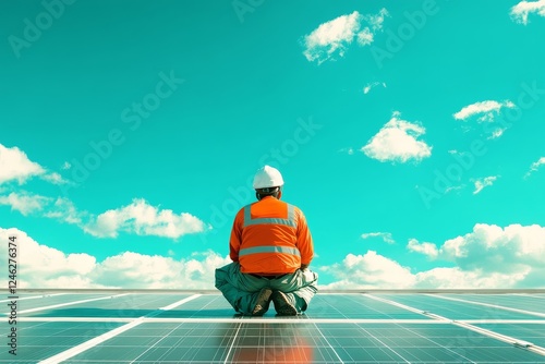 Technician inspecting solar panels, sunny sky photo