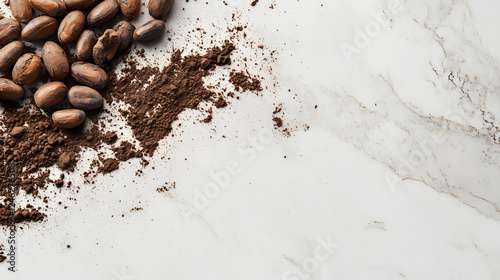 Cocoa beans carefully arranged on a marble countertop, with cocoa powder sprinkled gently across, creating a refined, elegant look.