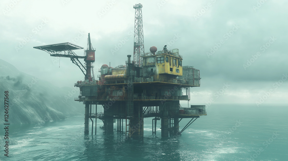 Abandoned Oil Rig in a Misty Coastal Landscape Abandoned Oil Rig in a Misty Coastal Landscape